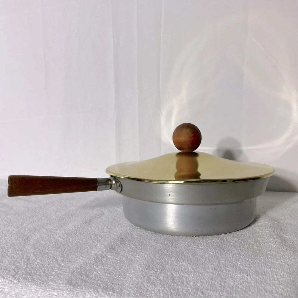 Vintage Aluminium Pan Sauce Pan With Gold Tone Lid & Wood Handles